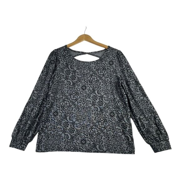 LOFT Floral Jacquard Puffed Shoulders Cutout Back Long Sleeve Top size Large Bla - Picture 1 of 6